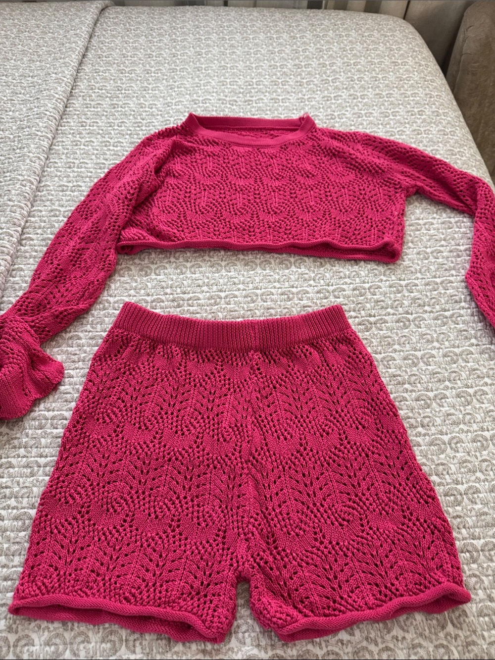 Source Unknown Hot Pink Knit Lace-Pattern Skirt Set